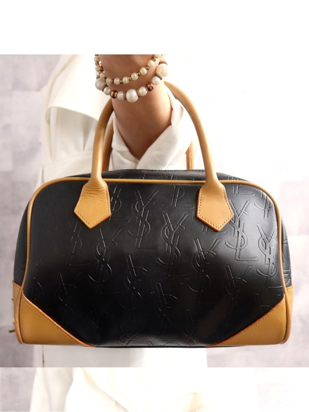 Vintage Yves Saint Laurent Black Leather Satchel with Tan Trim